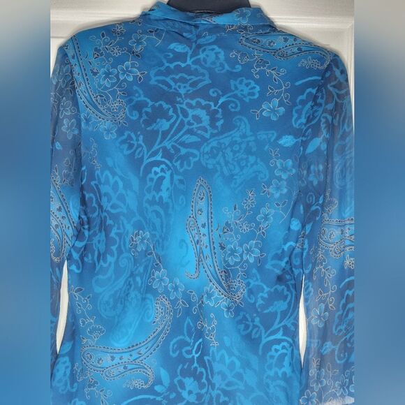 New York City M NavyUsafaBlue 100% SILK Bell Slv Lined Collar Women Blouse - Picture 12 of 12